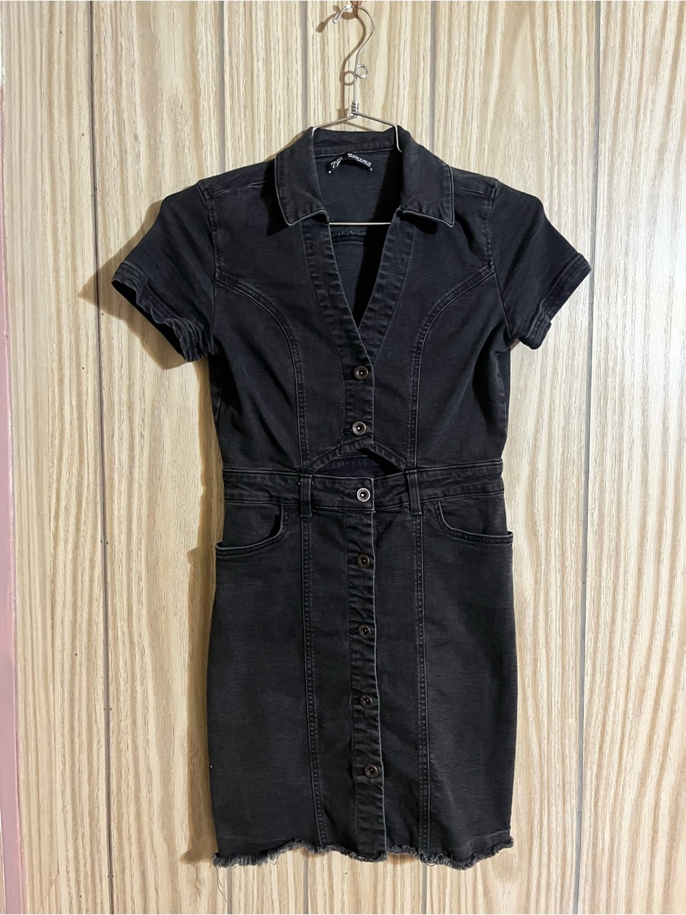 Zara Black Short-Sleeve Button-Front Denim Dress M